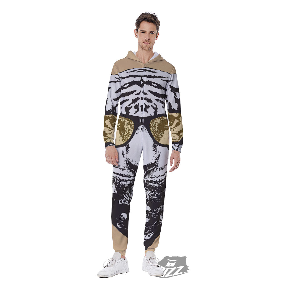 White Tiger With Sunglasses Print Pattern Men's Jumpsuit-grizzshop