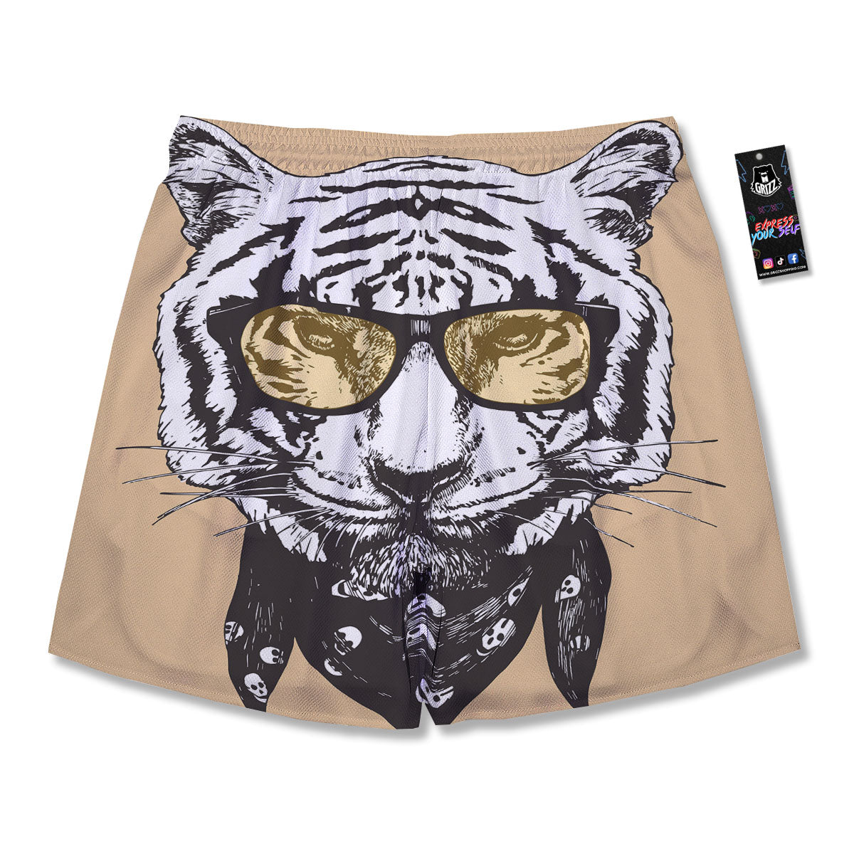 White Tiger With Sunglasses Print Pattern Men's Running Shorts-grizzshop