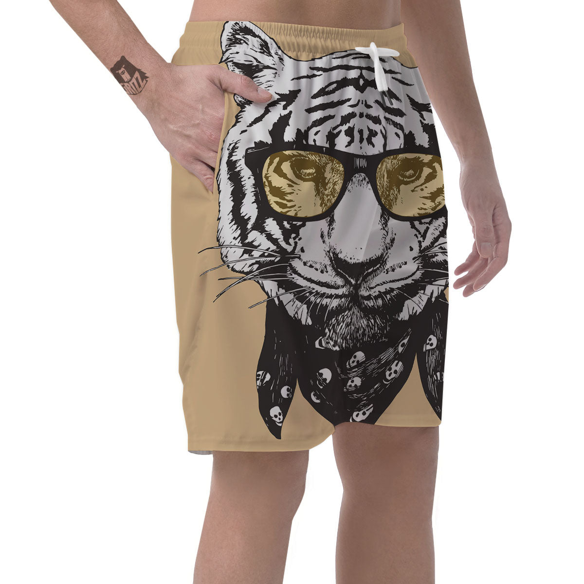 White Tiger With Sunglasses Print Pattern Men's Shorts-grizzshop