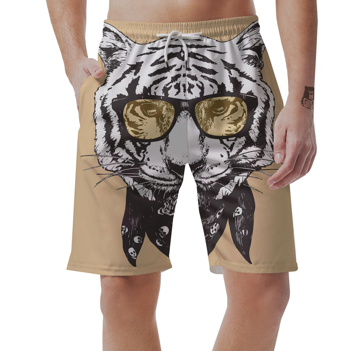 White Tiger With Sunglasses Print Pattern Men's Shorts-grizzshop