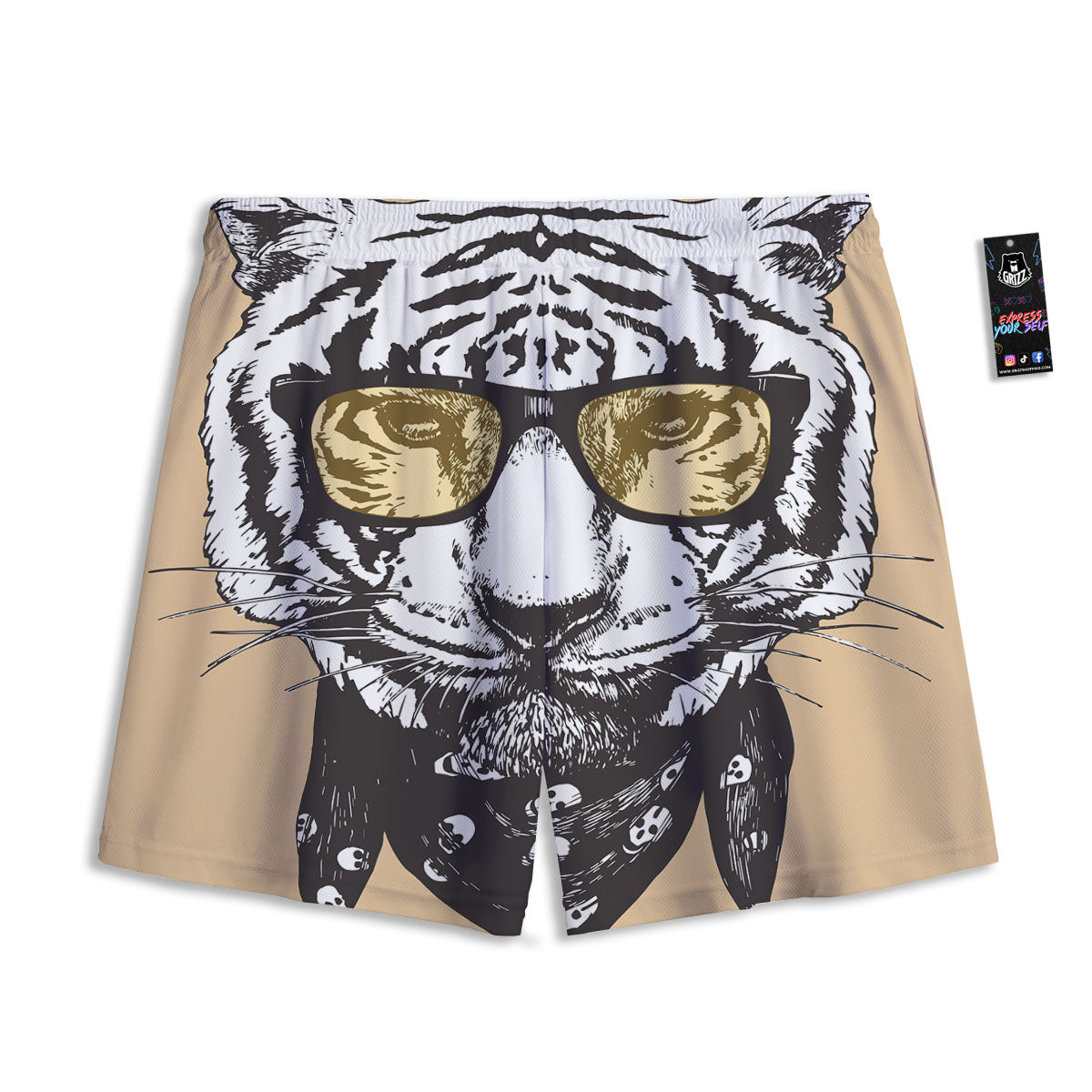 White Tiger With Sunglasses Print Pattern Mesh Shorts