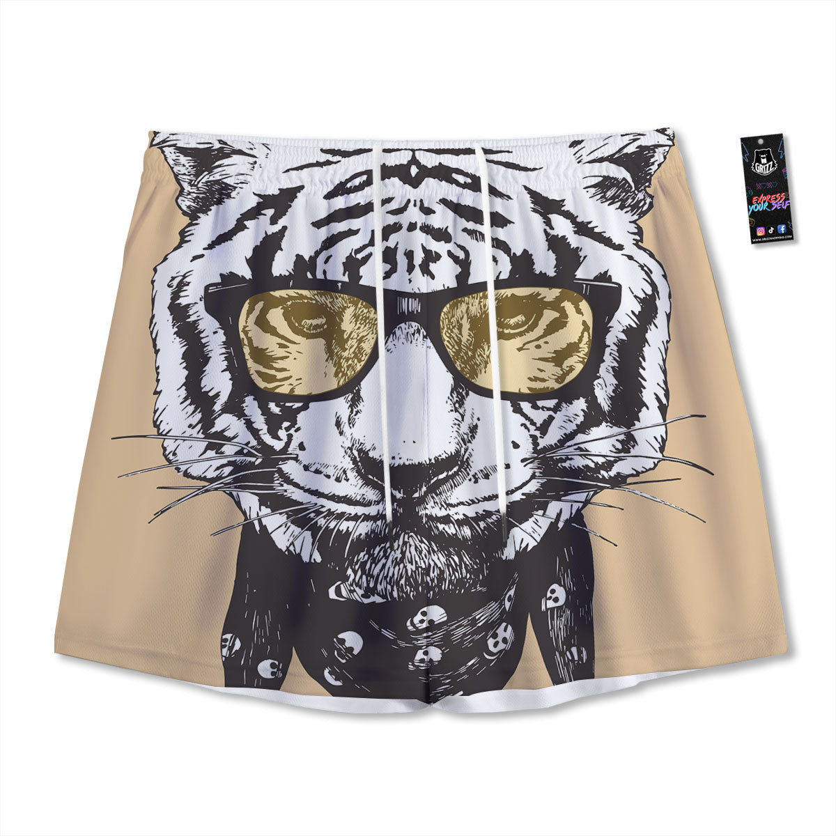 White Tiger With Sunglasses Print Pattern Mesh Shorts