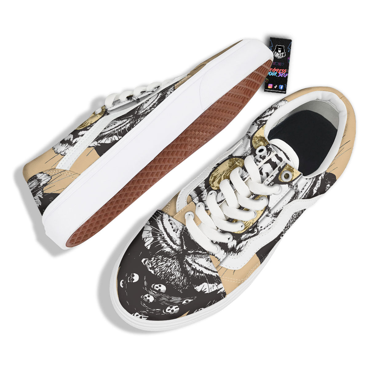 White Tiger With Sunglasses Print Pattern Skate Shoes-grizzshop