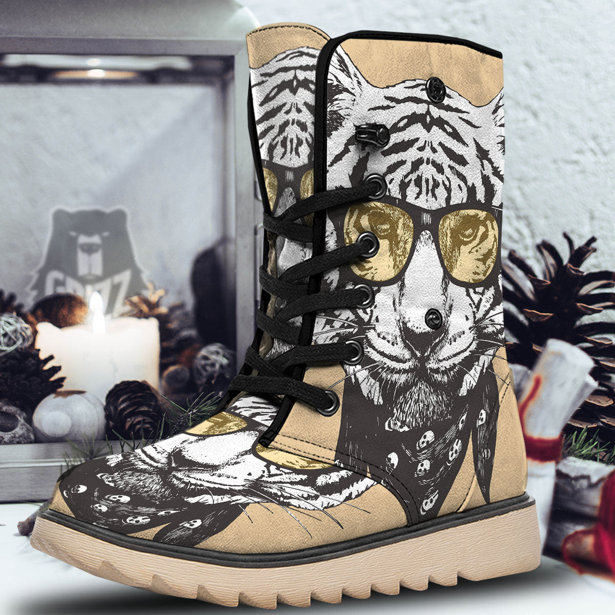 White Tiger With Sunglasses Print Pattern Snow Boots-grizzshop