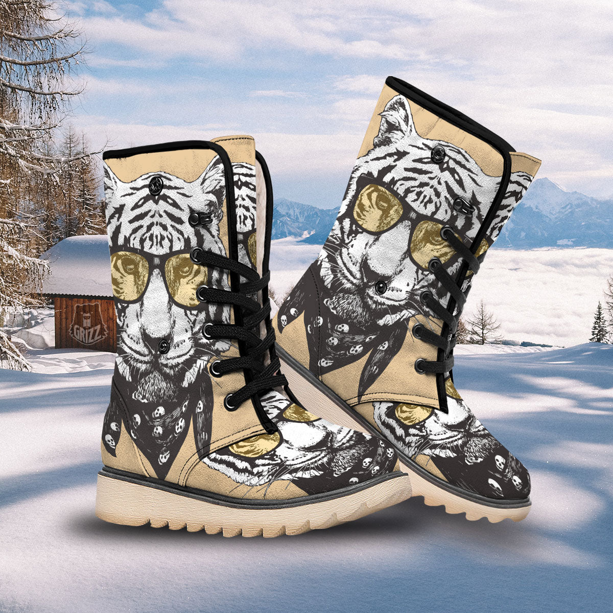 White Tiger With Sunglasses Print Pattern Snow Boots-grizzshop