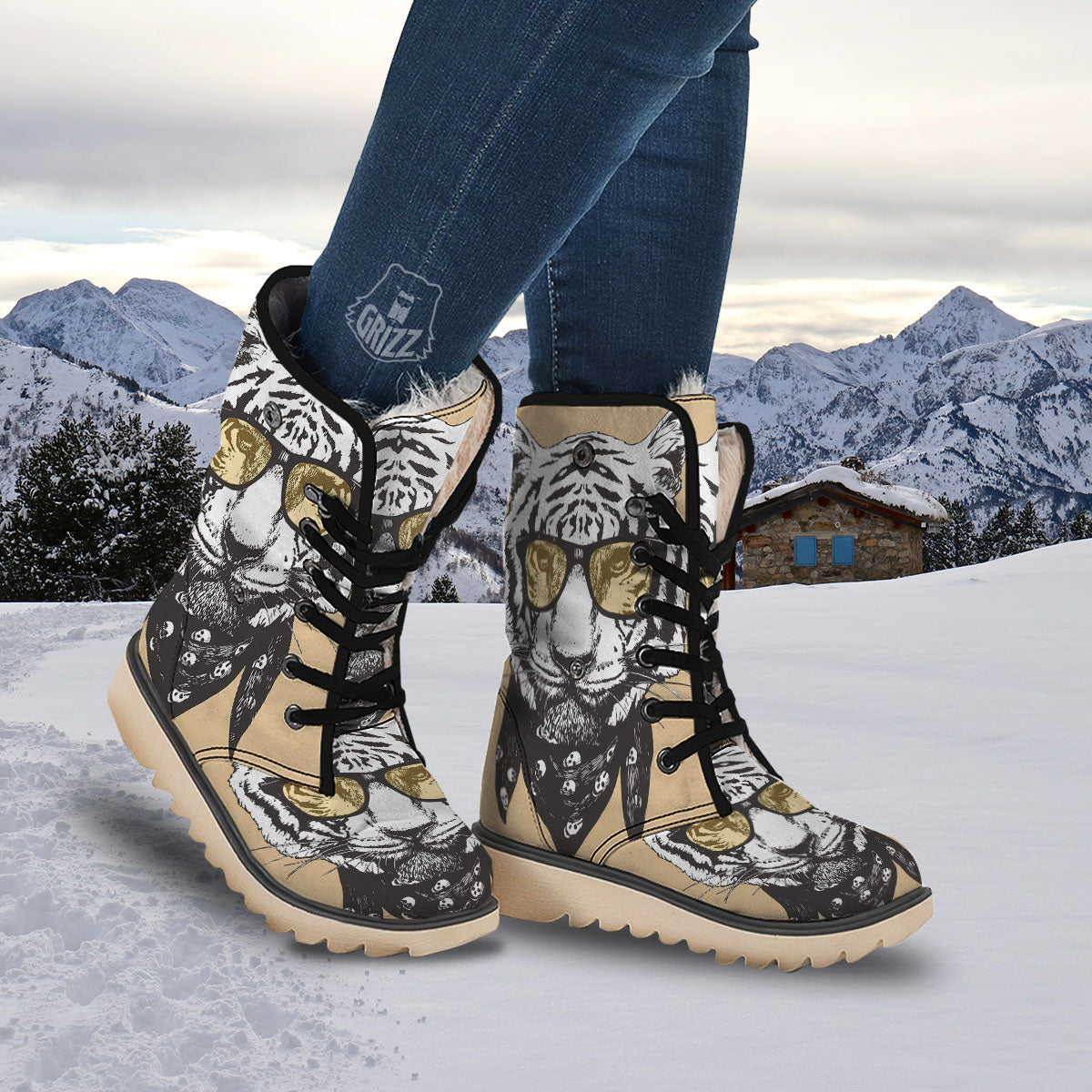 White Tiger With Sunglasses Print Pattern Snow Boots-grizzshop
