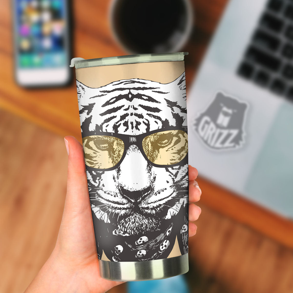 White Tiger With Sunglasses Print Pattern Tumbler-grizzshop