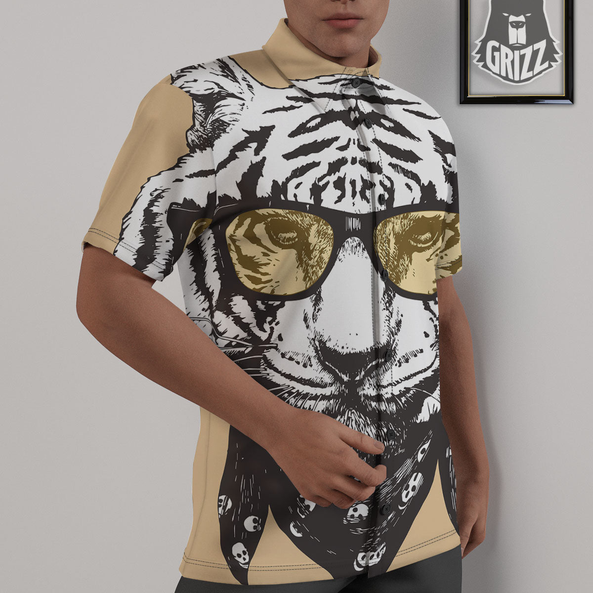 White Tiger With Sunglasses Print Pattern Untucked Shirts-grizzshop