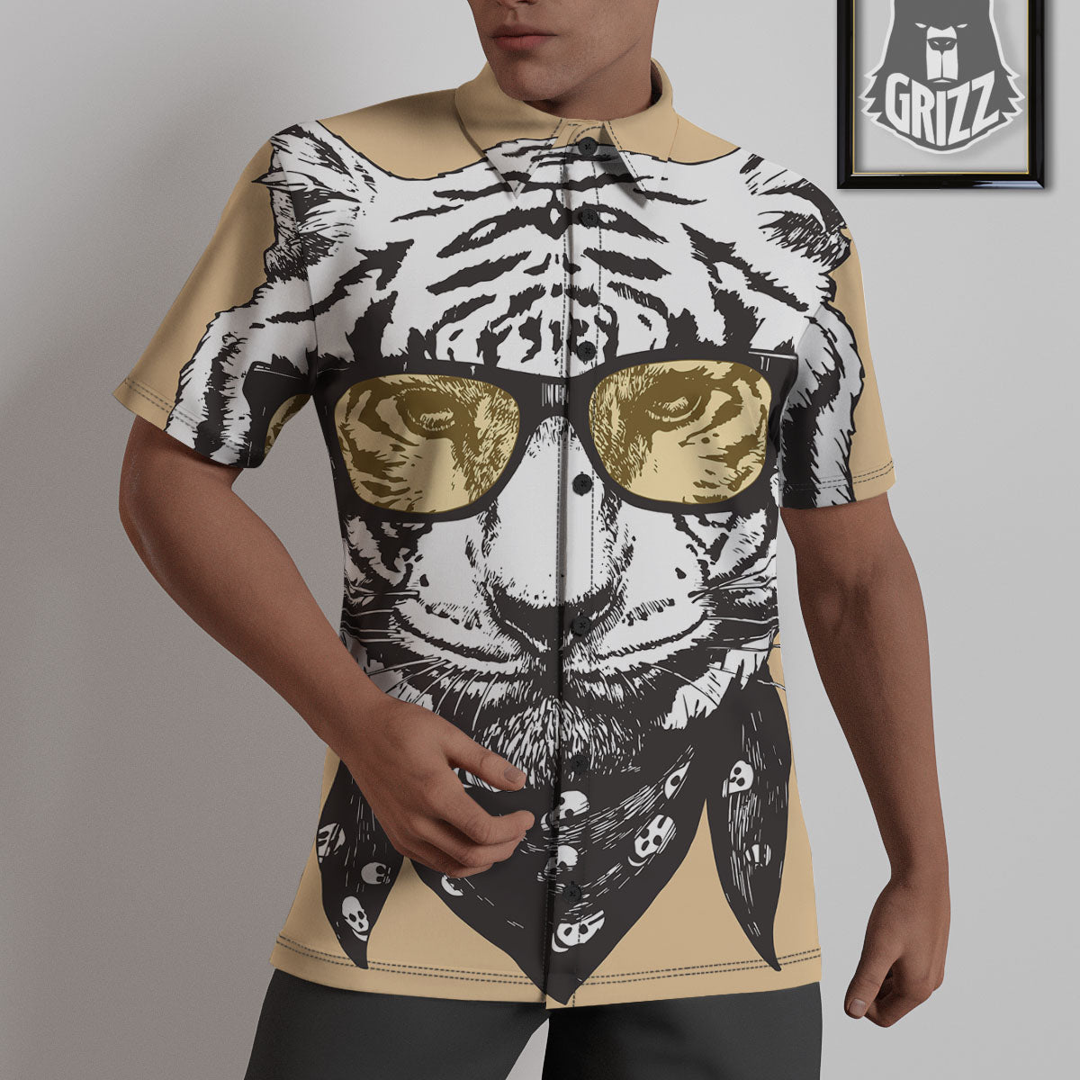 White Tiger With Sunglasses Print Pattern Untucked Shirts-grizzshop