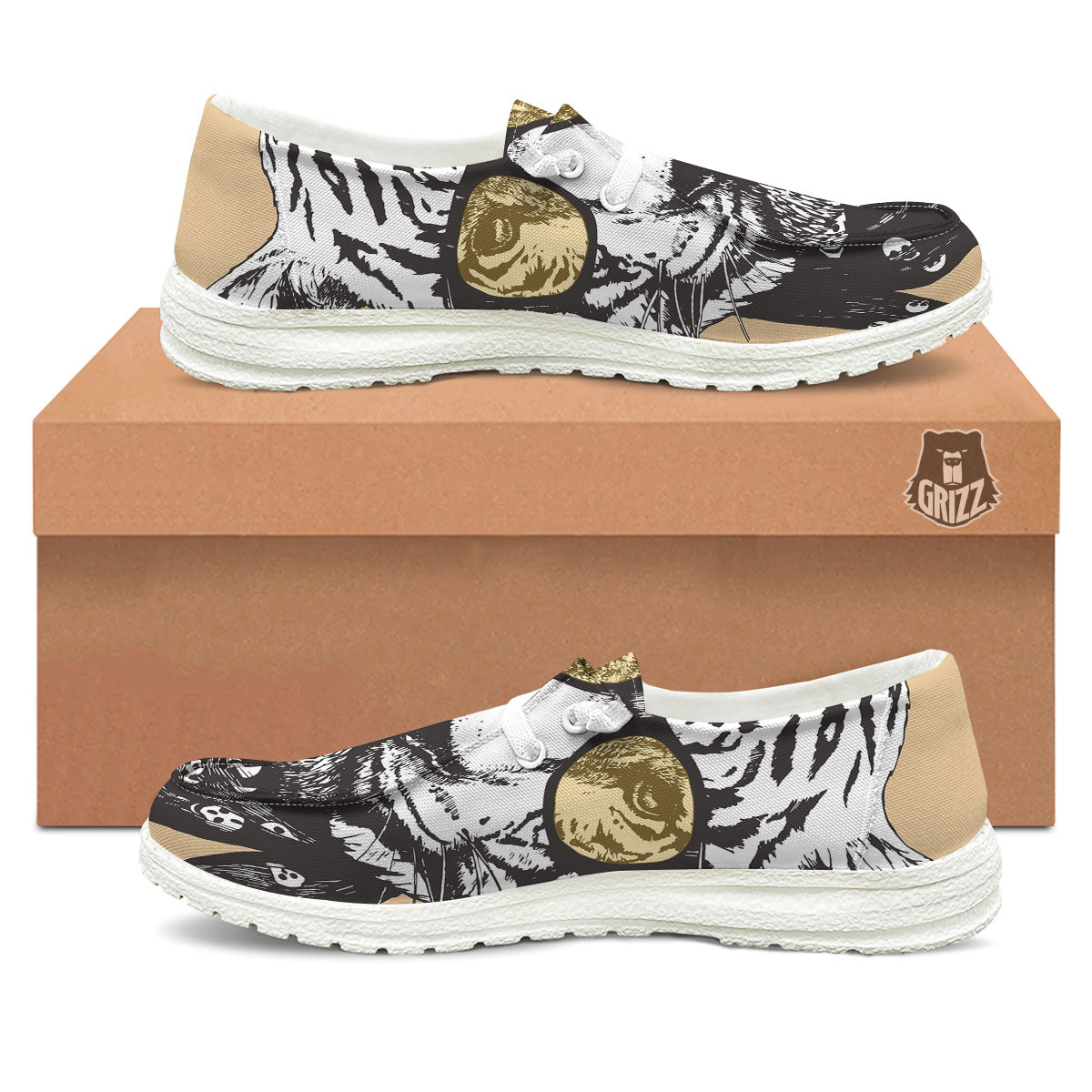 White Tiger With Sunglasses Print Pattern White Loafers-grizzshop