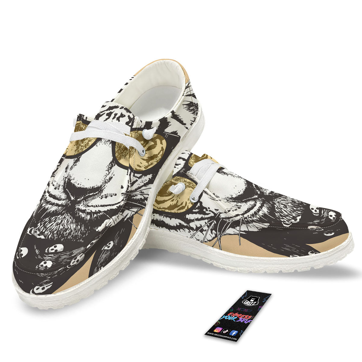 White Tiger With Sunglasses Print Pattern White Loafers-grizzshop