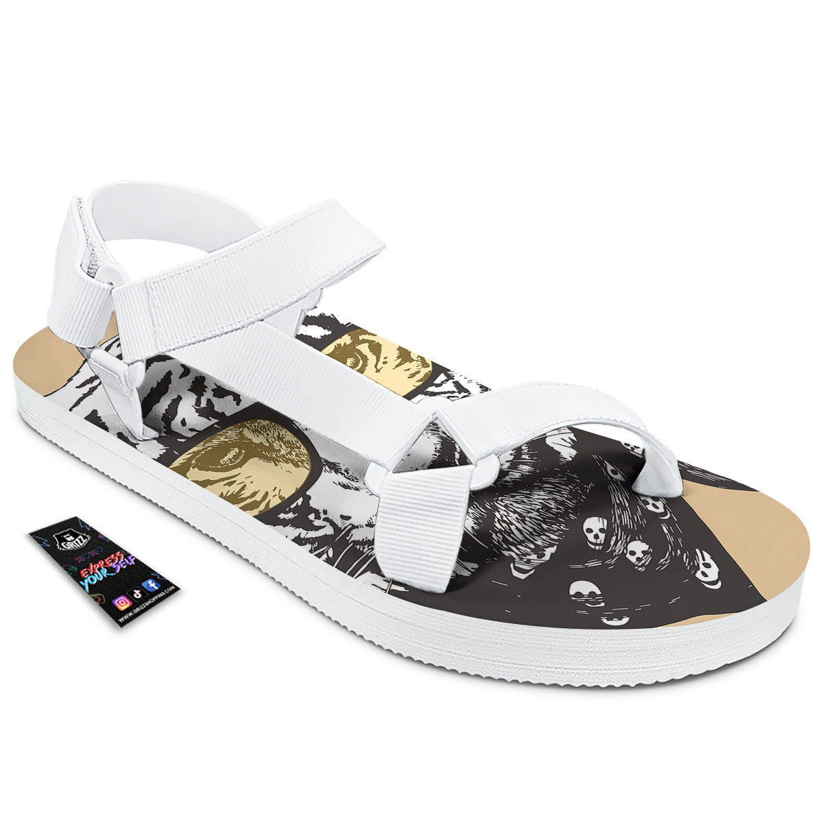 White Tiger With Sunglasses Print Pattern White Open Toe Sandals-grizzshop