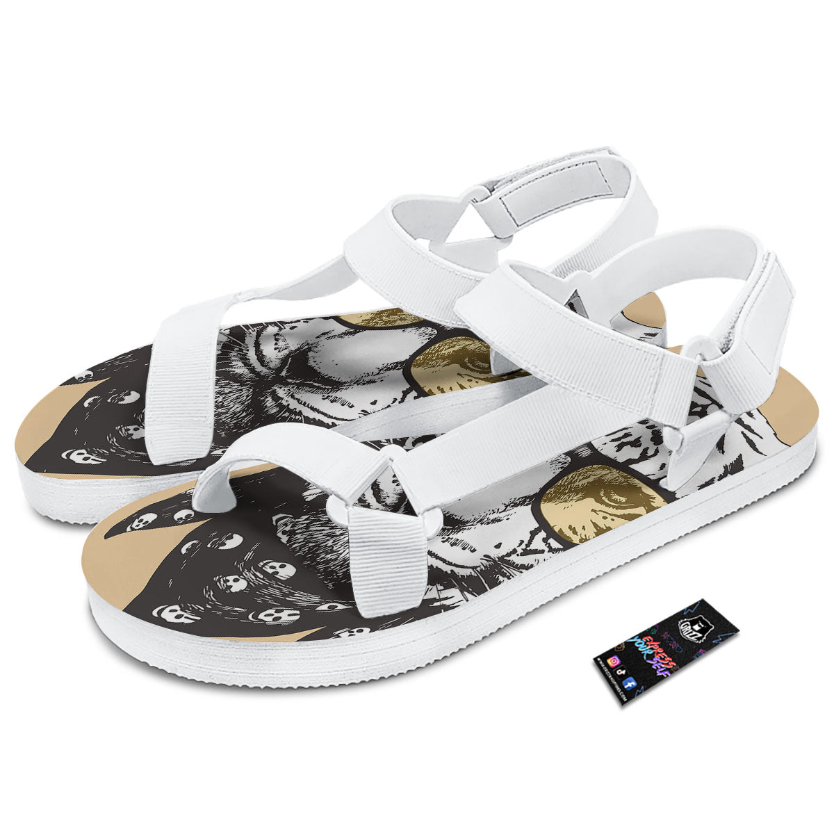 White Tiger With Sunglasses Print Pattern White Open Toe Sandals-grizzshop