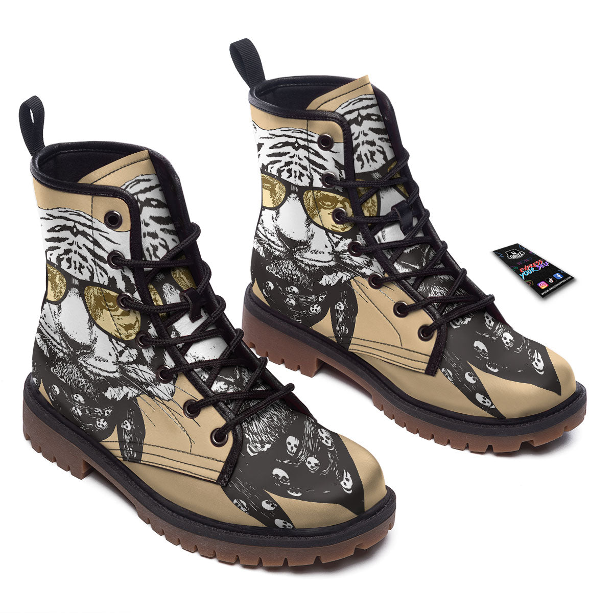 White Tiger With Sunglasses Print Pattern Work Boots-grizzshop