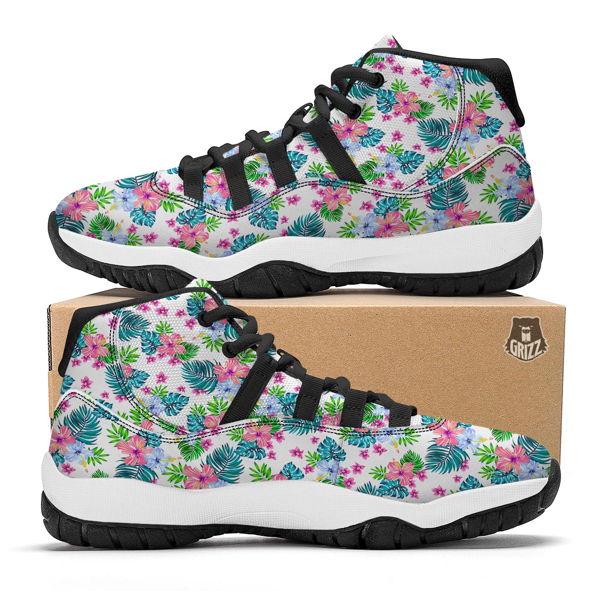 White Tropical Palm Leave Black Bball Shoes-grizzshop
