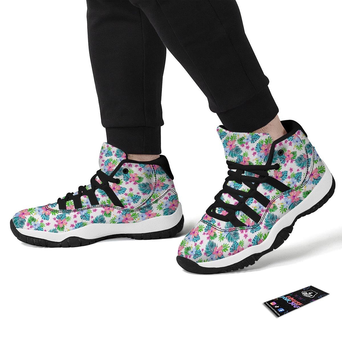 White Tropical Palm Leave Black Bball Shoes-grizzshop