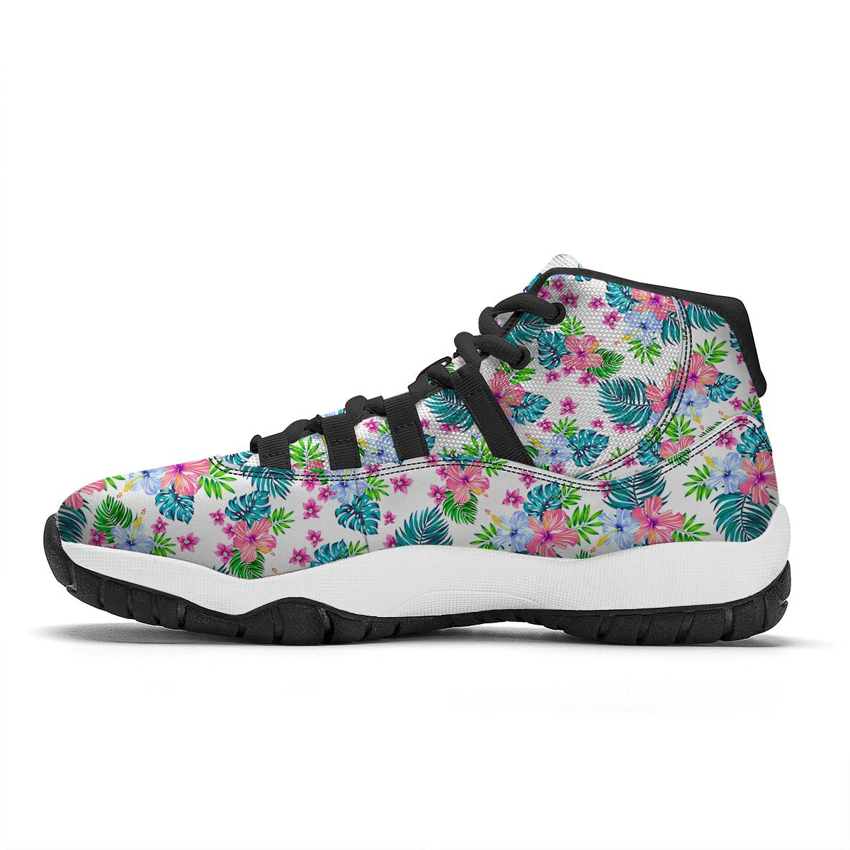 White Tropical Palm Leave Black Bball Shoes-grizzshop