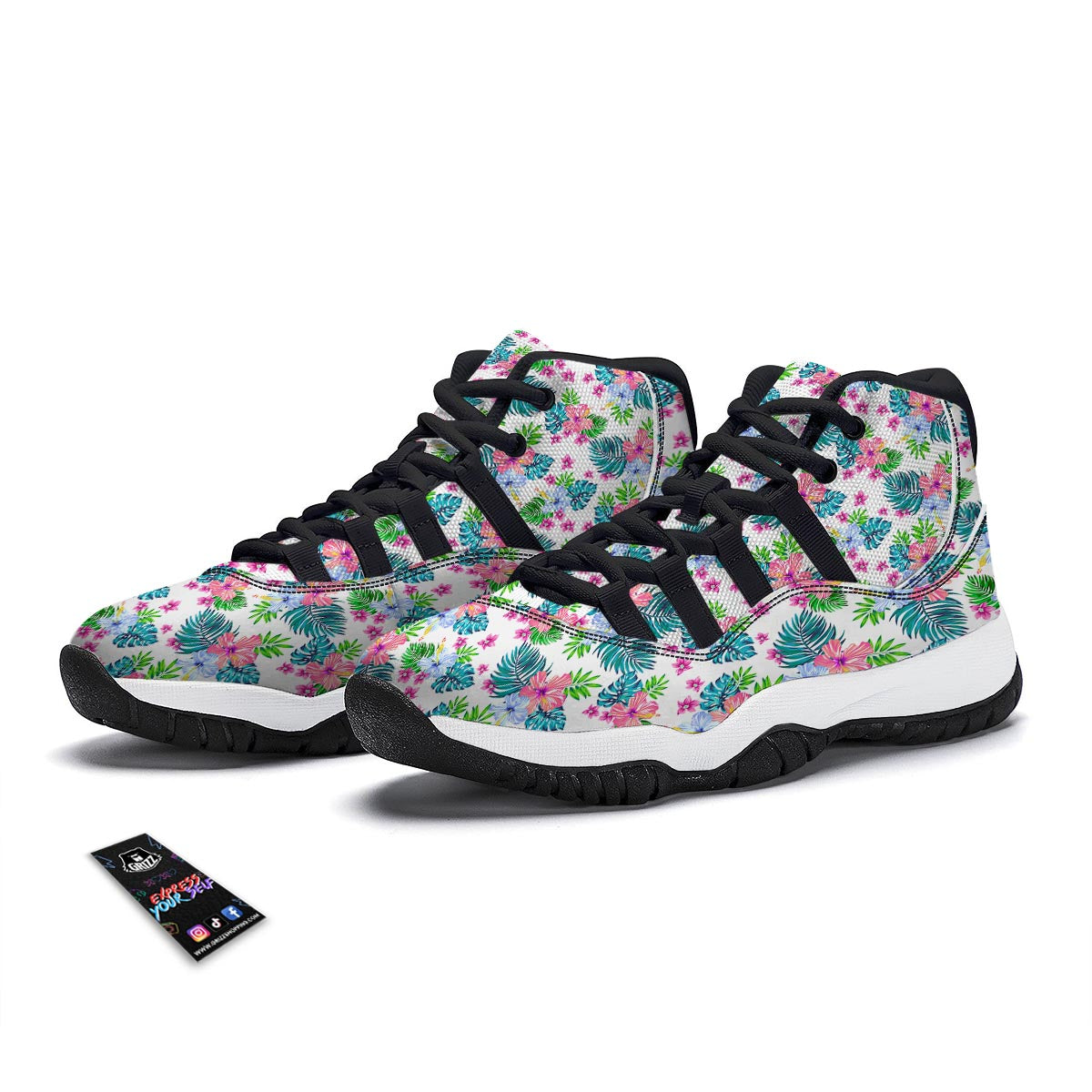 White Tropical Palm Leave Black Bball Shoes-grizzshop