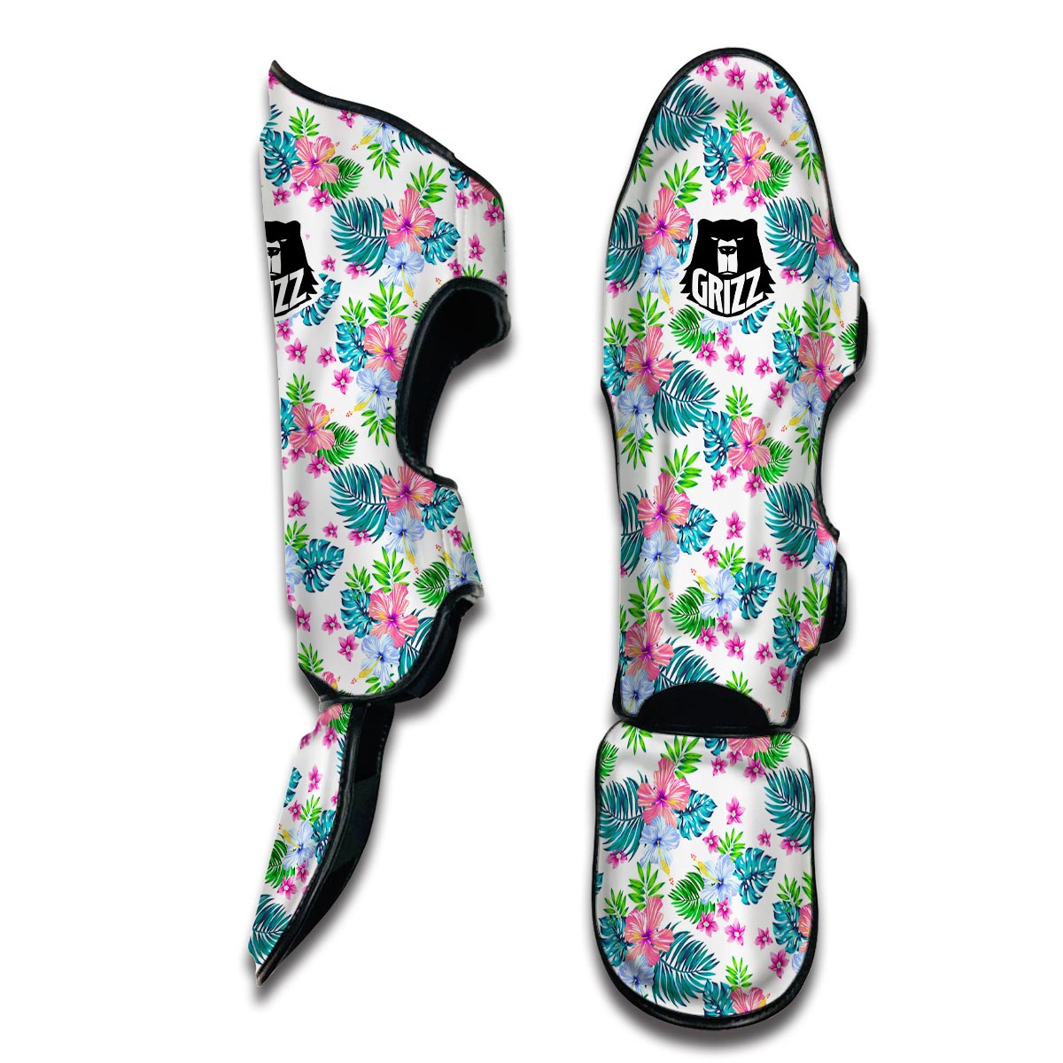 White Tropical Palm Leave Muay Thai Shin Guards-grizzshop