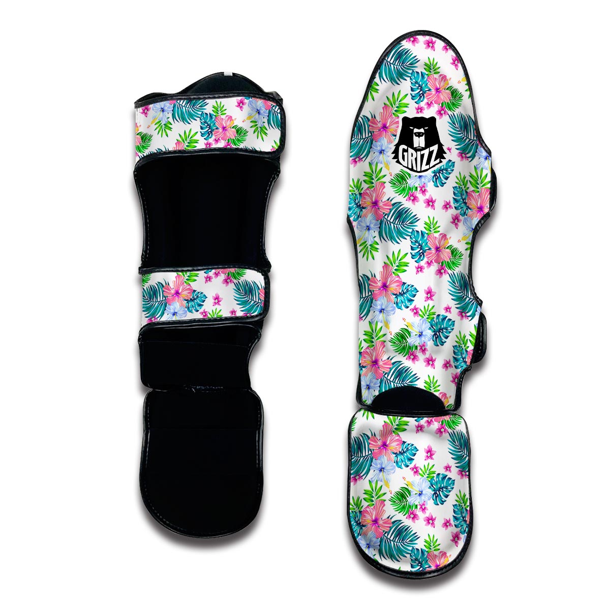 White Tropical Palm Leave Muay Thai Shin Guards-grizzshop