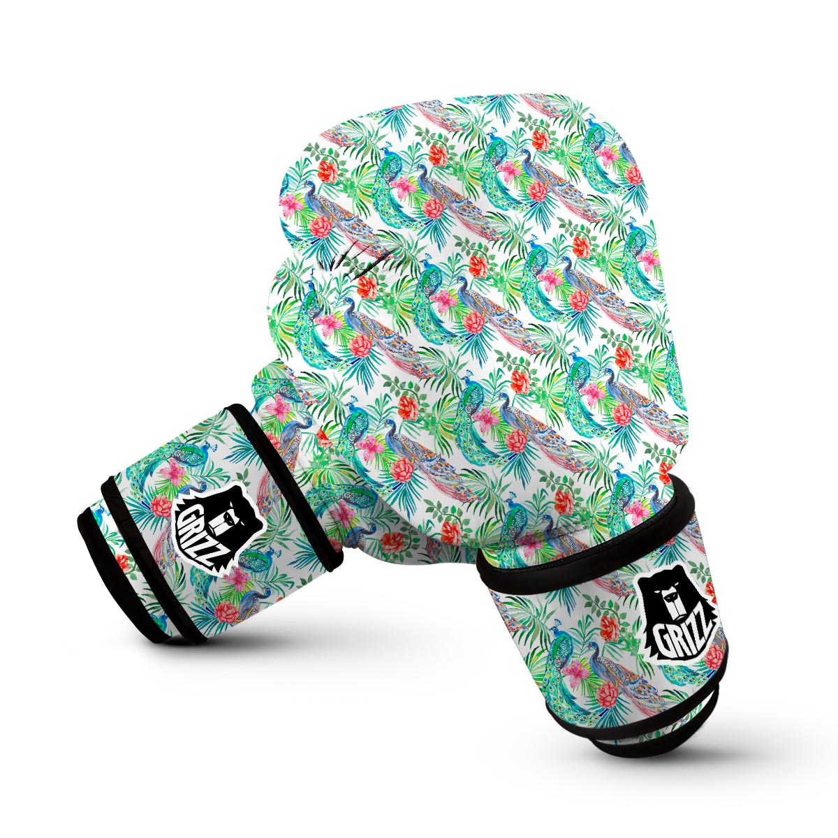 White Tropical Peacock Boxing Gloves-grizzshop