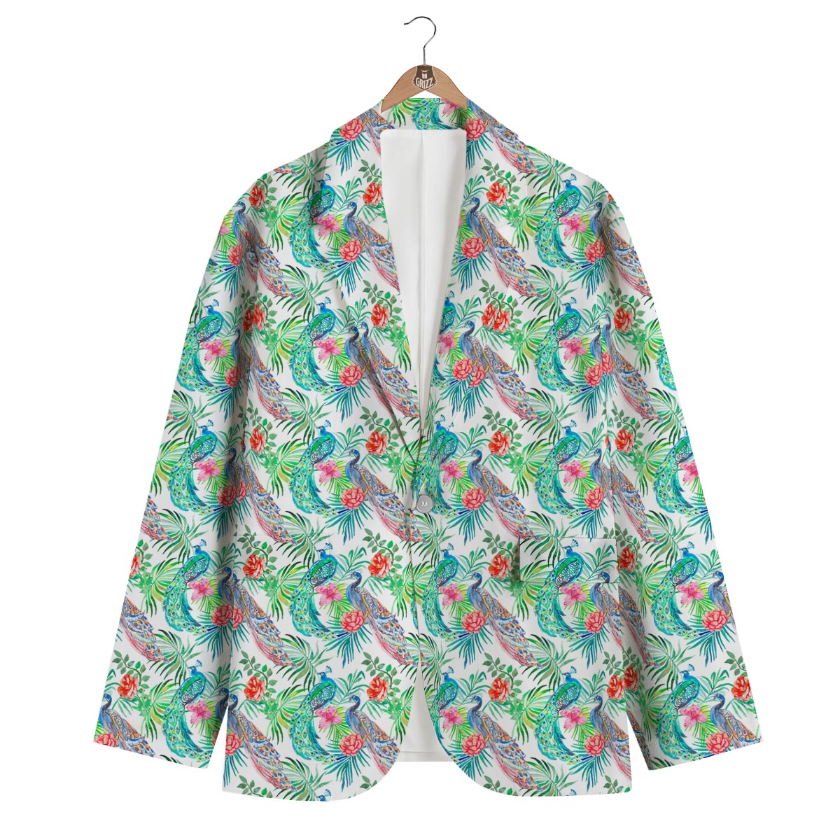 White Tropical Peacock Men's Blazer-grizzshop