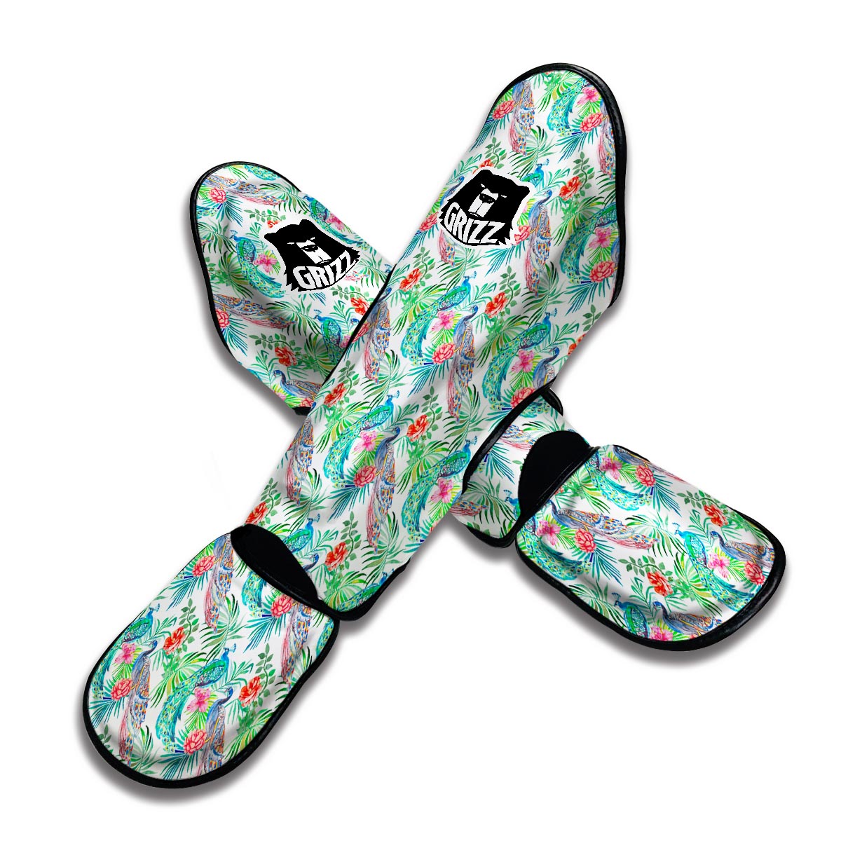 White Tropical Peacock Muay Thai Shin Guards-grizzshop