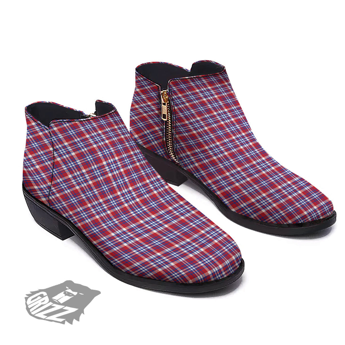 White USA Plaid And Blue Red Print Ankle Boots-grizzshop