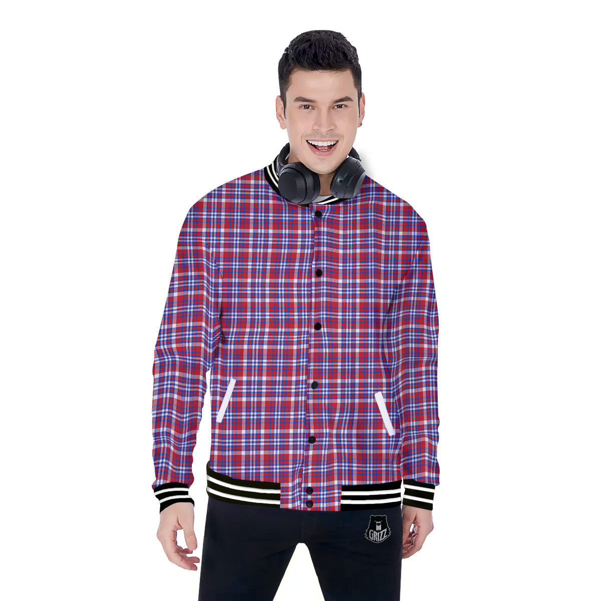 White USA Plaid And Blue Red Print Baseball Jacket-grizzshop