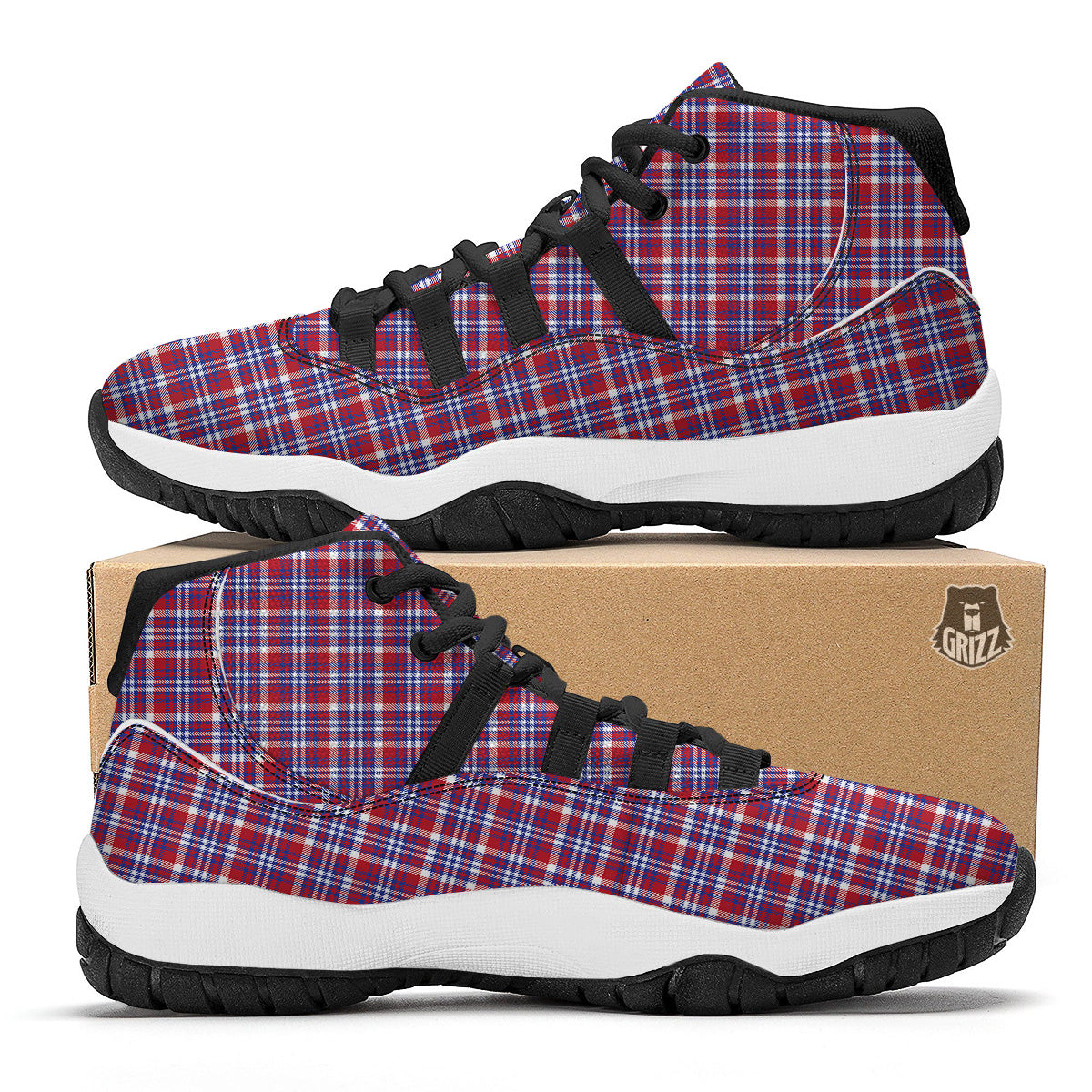 White USA Plaid And Blue Red Print Black Bball Shoes-grizzshop