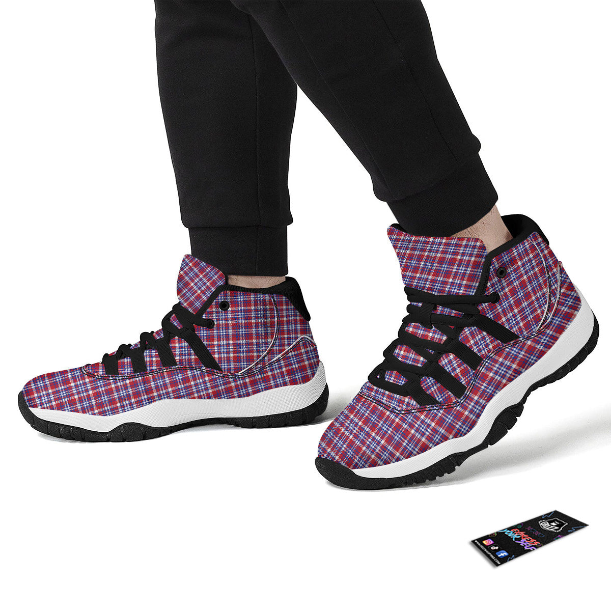 White USA Plaid And Blue Red Print Black Bball Shoes-grizzshop