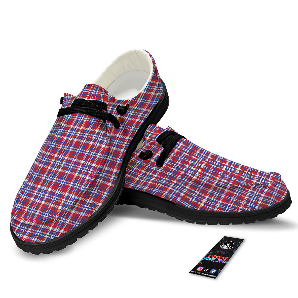 White USA Plaid And Blue Red Print Black Loafers-grizzshop