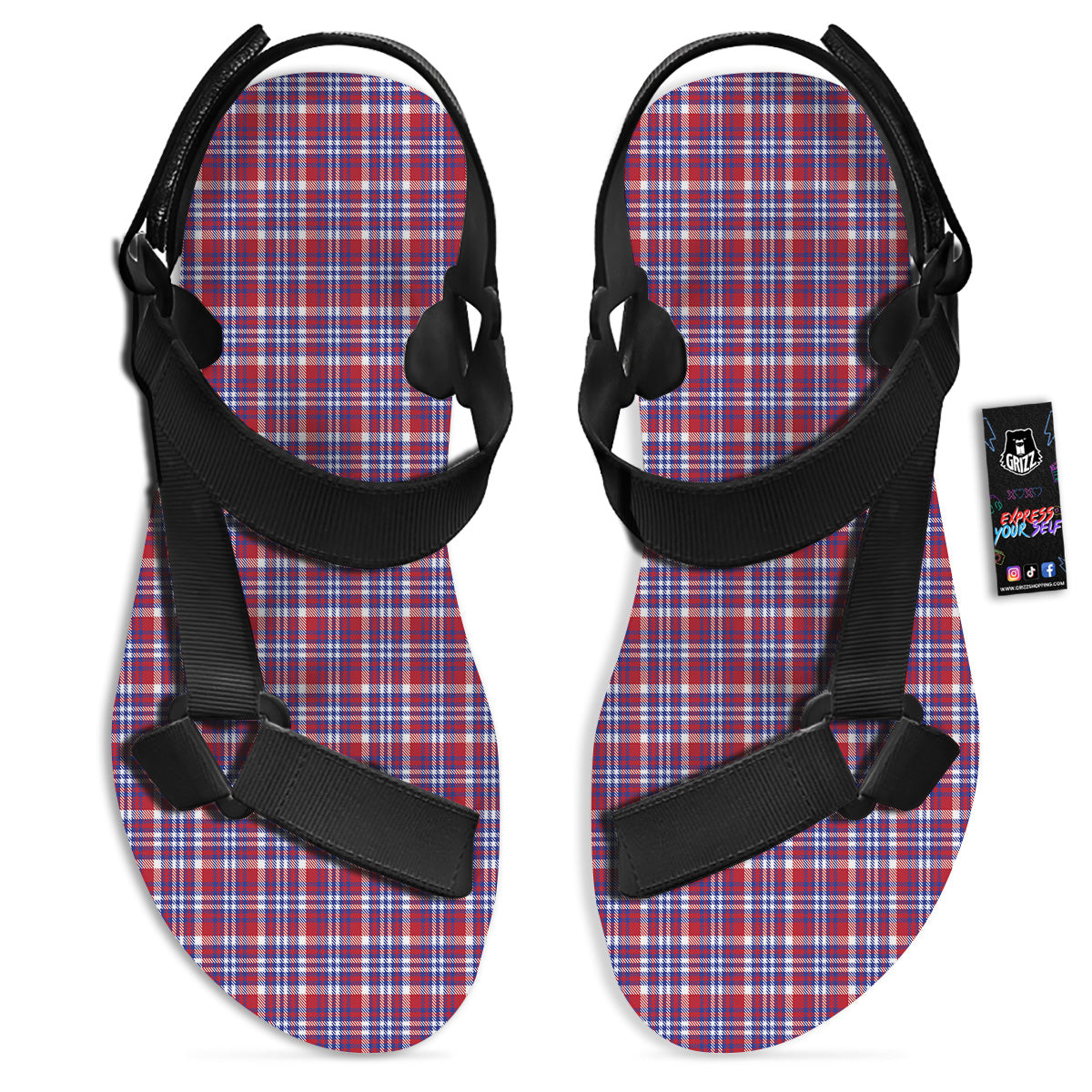 White USA Plaid And Blue Red Print Black Open Toe Sandals-grizzshop