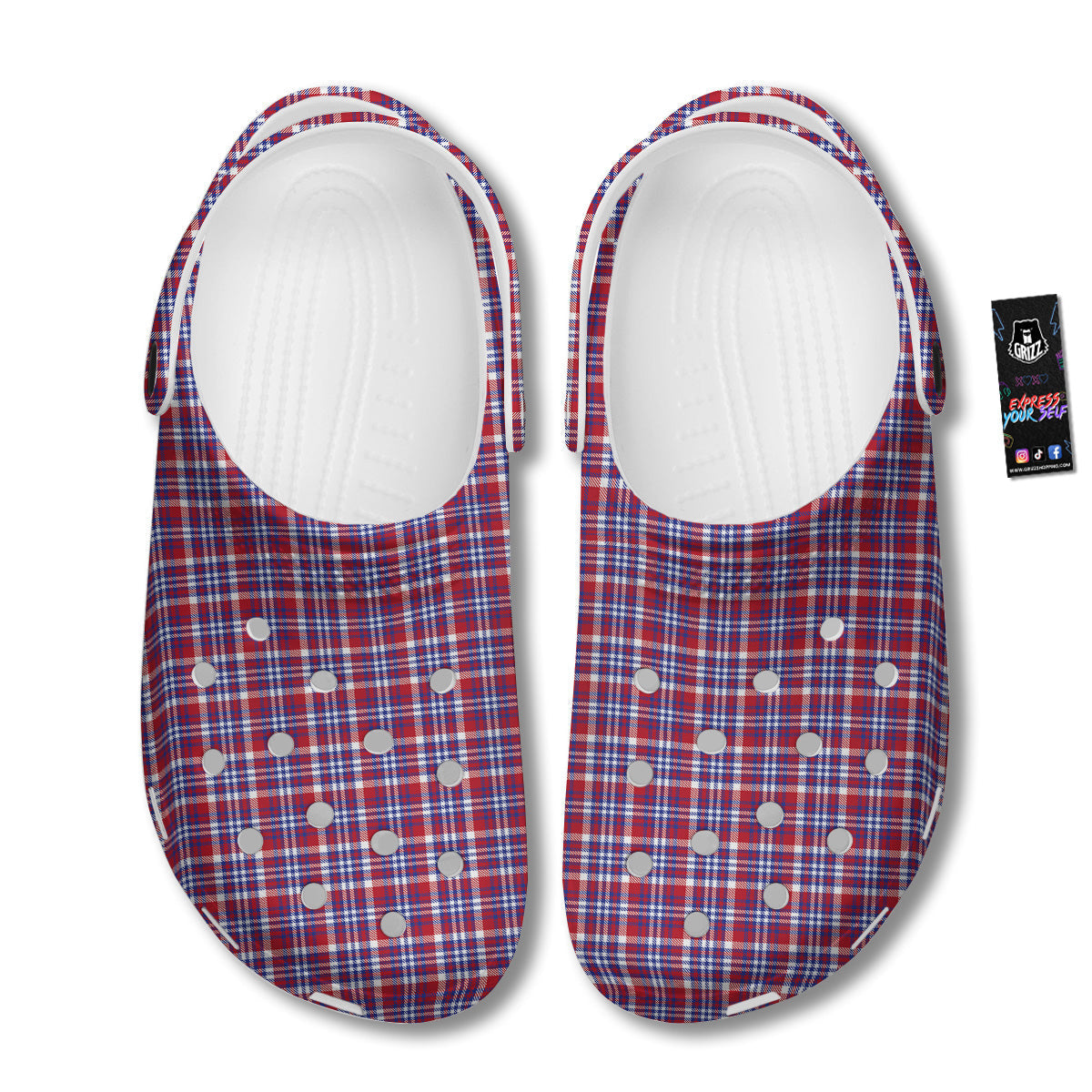 White USA Plaid And Blue Red Print Clog-grizzshop