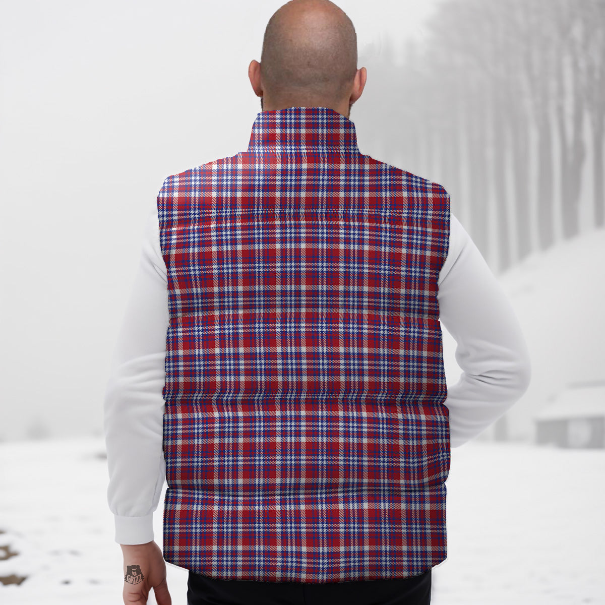 White USA Plaid And Blue Red Print Down Vest