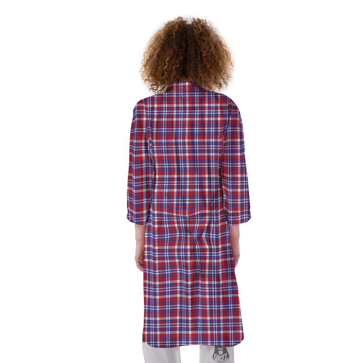 White USA Plaid And Blue Red Print Kimono-grizzshop