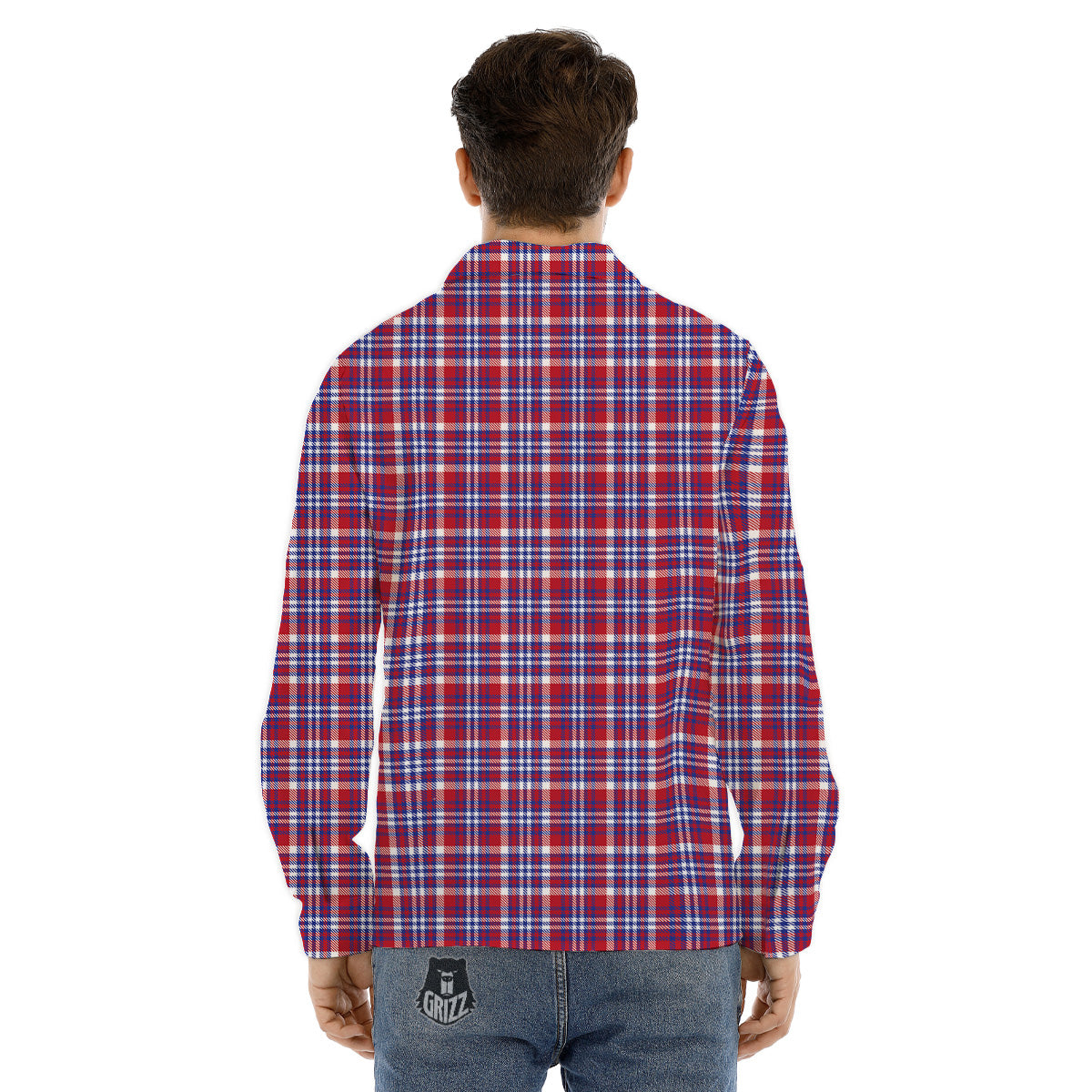 White USA Plaid And Blue Red Print Men's Dress Shirts-grizzshop