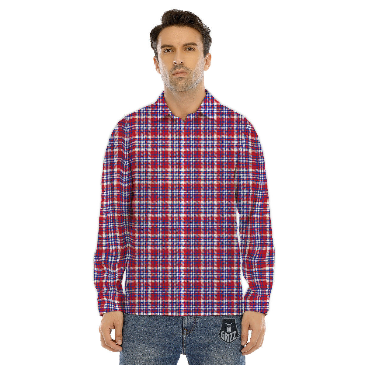 White USA Plaid And Blue Red Print Men's Dress Shirts-grizzshop