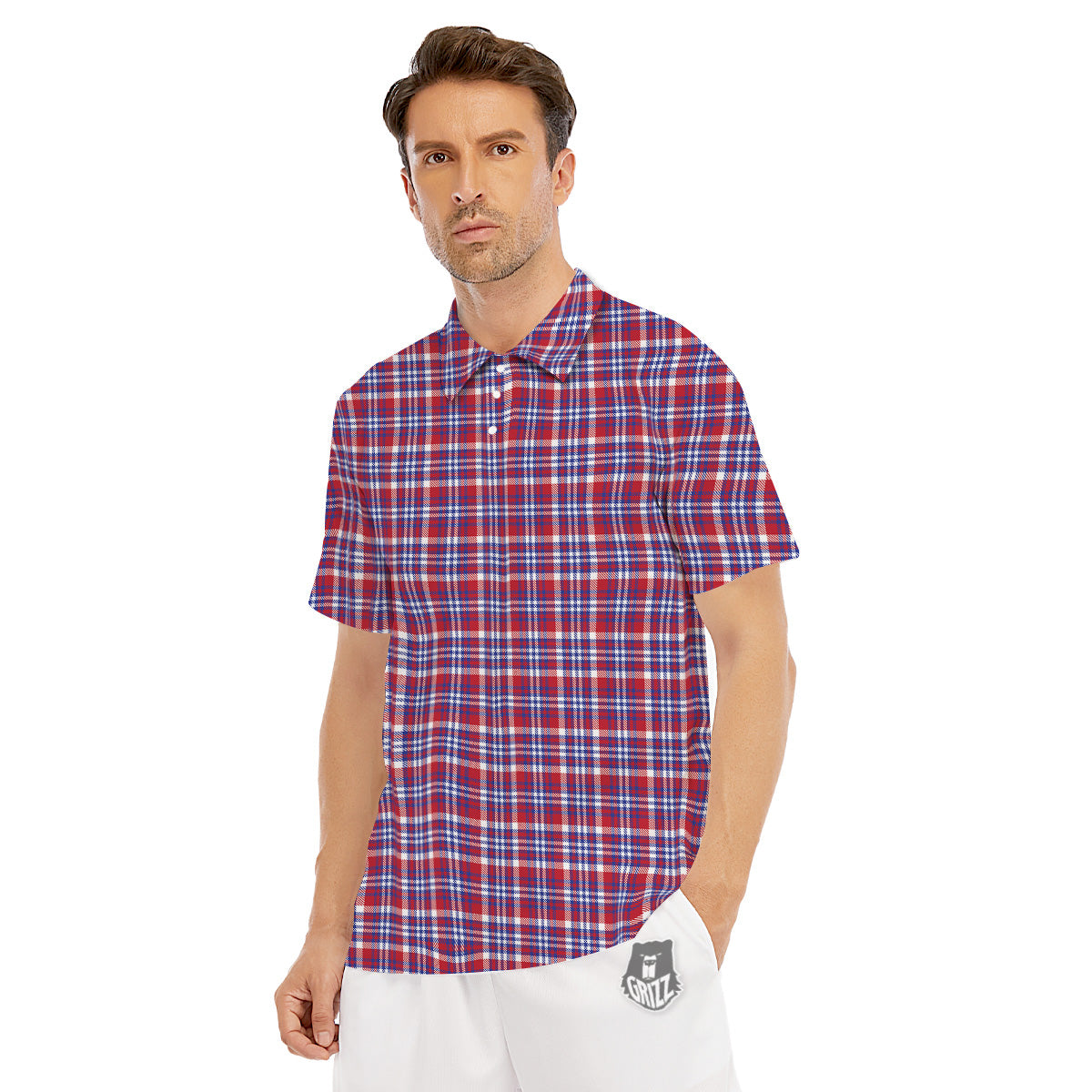 White USA Plaid And Blue Red Print Men's Golf Shirts-grizzshop