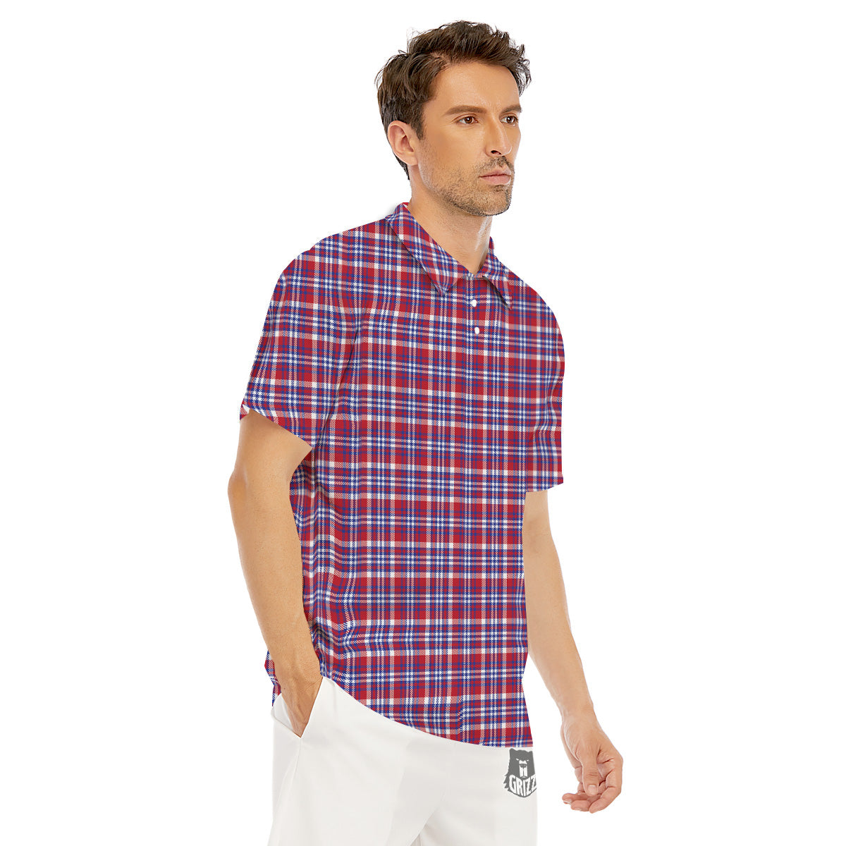 White USA Plaid And Blue Red Print Men's Golf Shirts-grizzshop