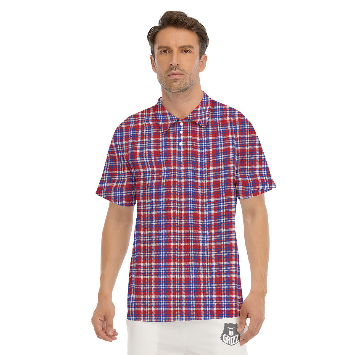 White USA Plaid And Blue Red Print Men's Golf Shirts-grizzshop