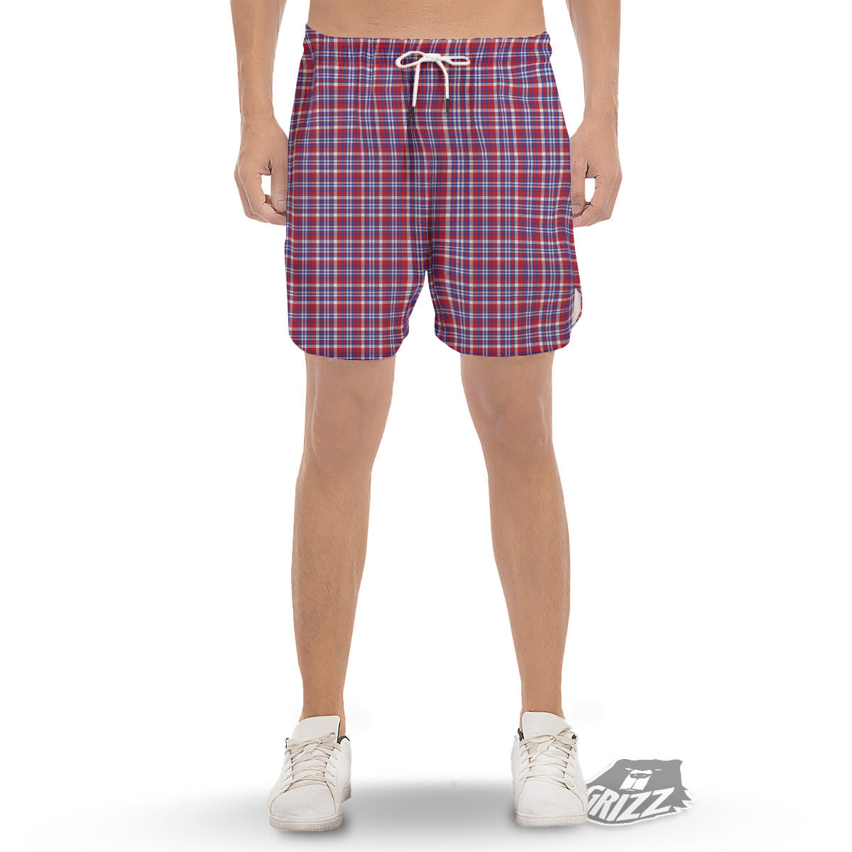 White USA Plaid And Blue Red Print Men's Gym Shorts-grizzshop