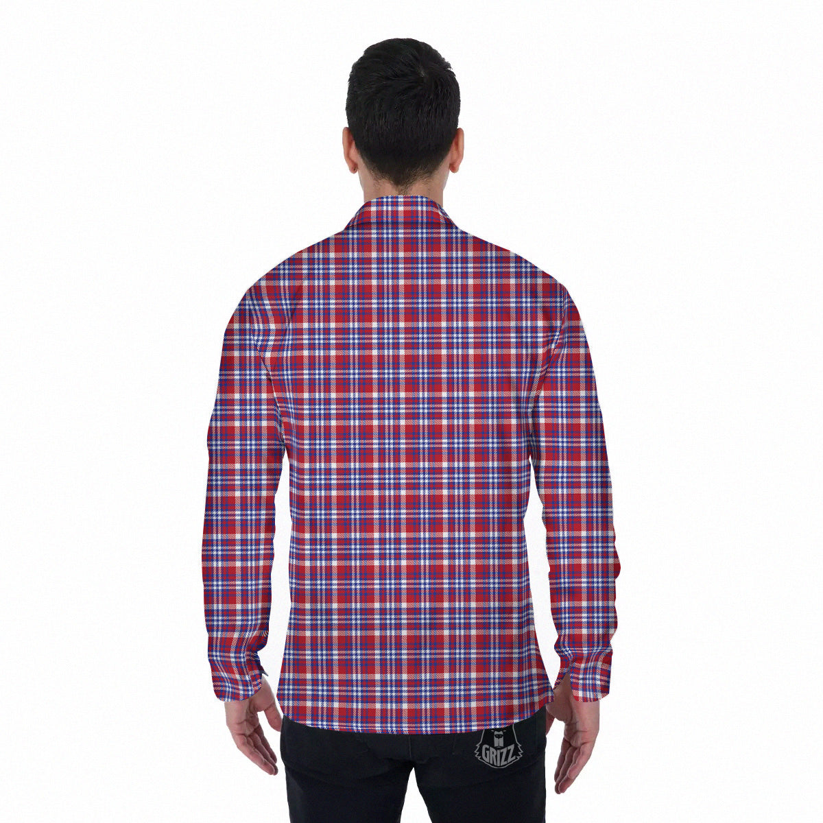 White USA Plaid And Blue Red Print Men's Long Sleeve Shirts-grizzshop