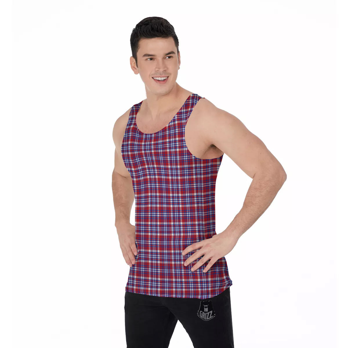 White USA Plaid And Blue Red Print Men's Tank Top-grizzshop