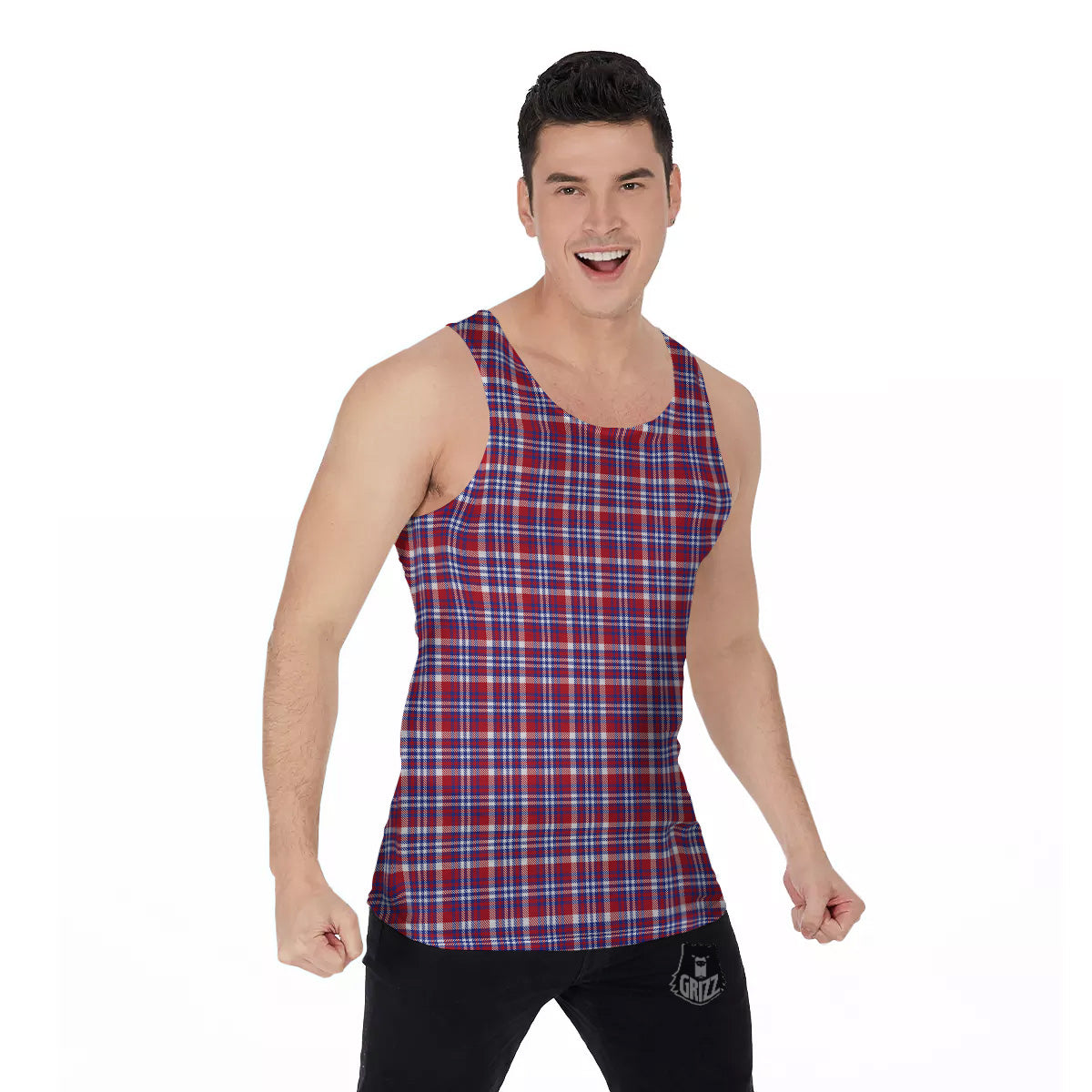 White USA Plaid And Blue Red Print Men's Tank Top-grizzshop