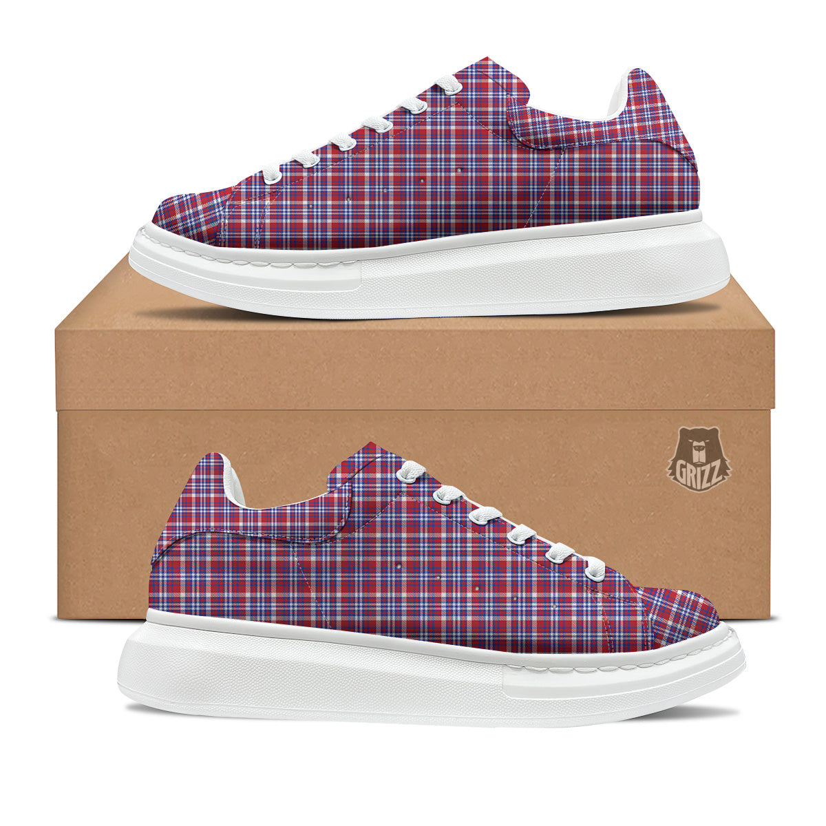 White USA Plaid And Blue Red Print Platform Shoes-grizzshop