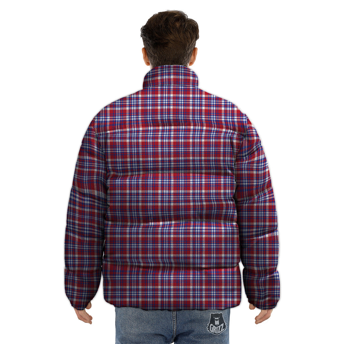 White USA Plaid And Blue Red Print Puffer Jacket-grizzshop