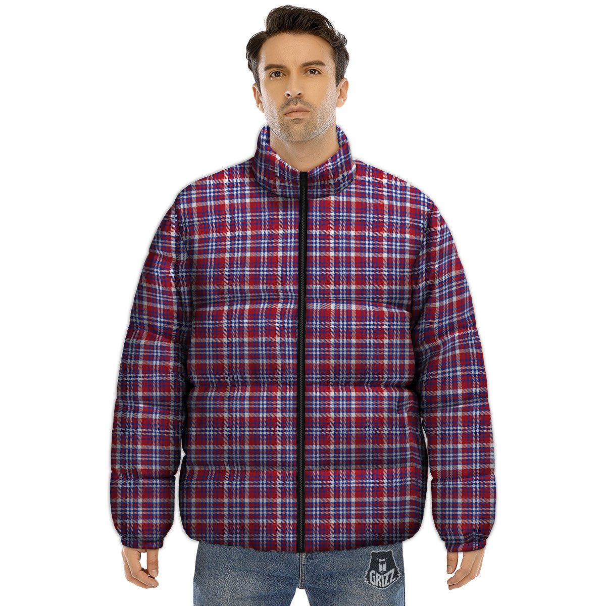 White USA Plaid And Blue Red Print Puffer Jacket-grizzshop