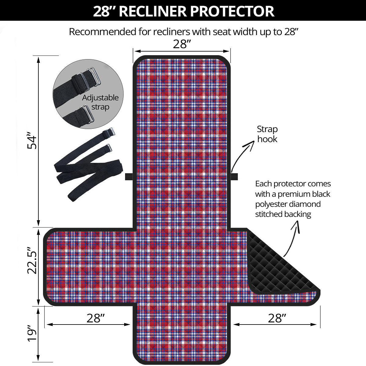 White USA Plaid And Blue Red Print Recliner Protector-grizzshop