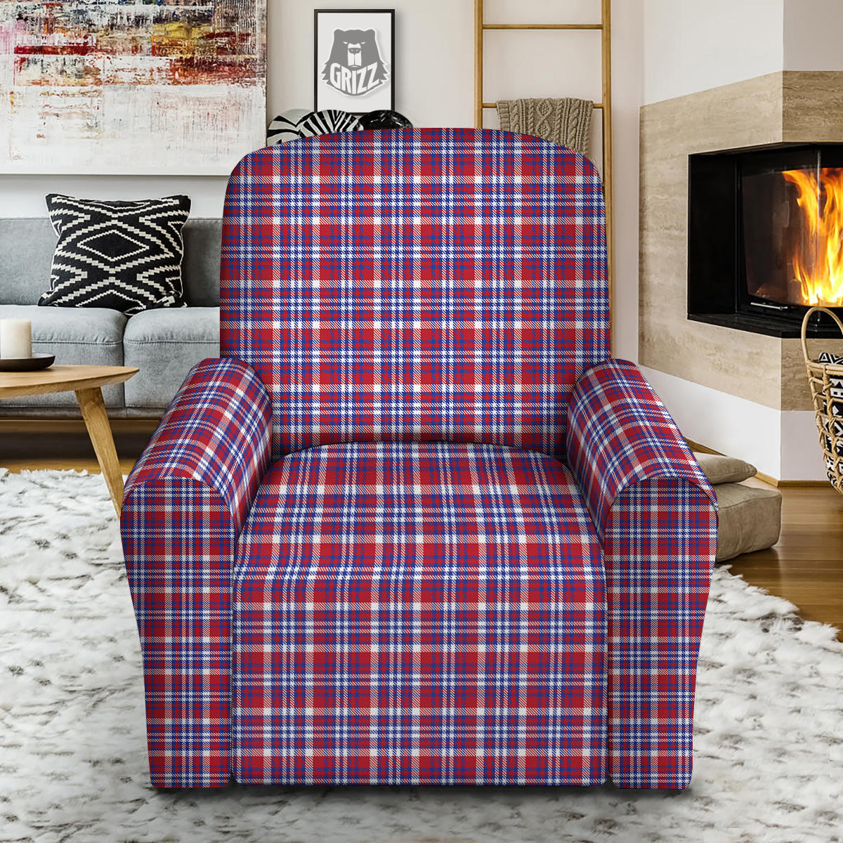 White USA Plaid And Blue Red Print Recliner Slipcover-grizzshop